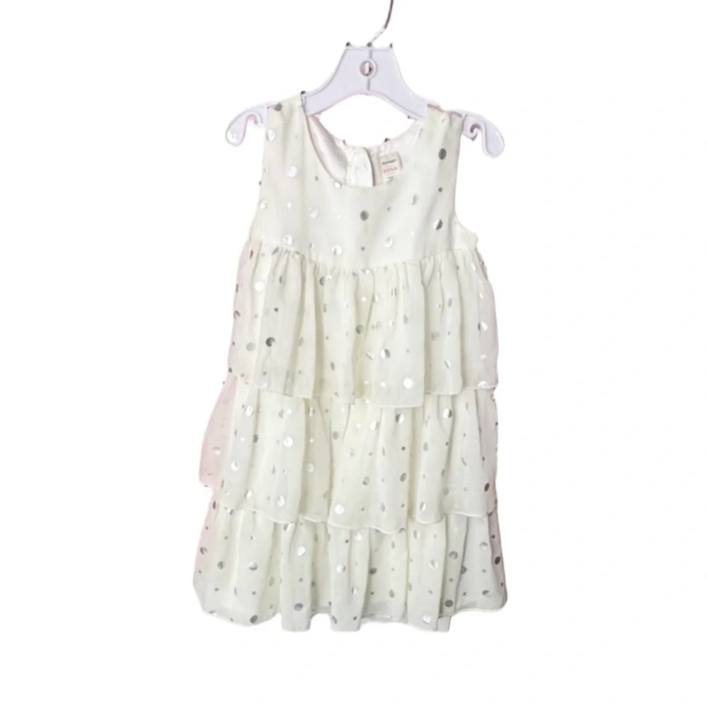 Old Navy Ivory Silver Polka Dot Tiered Ruffle Dress Girls 5T Holiday Party